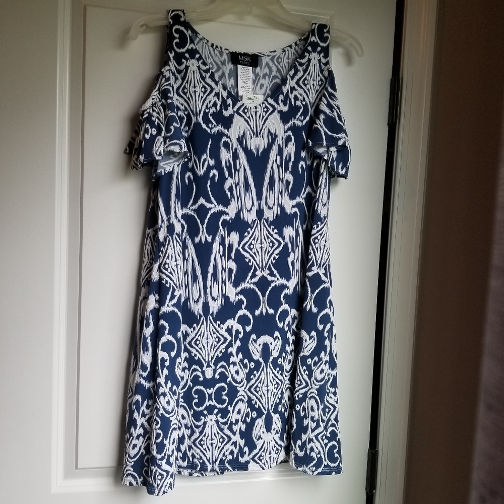 Blue/White Print Cold Shoulder Dress